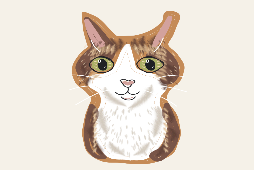 Hand-drawn portrait of Zhuzhu, a calico cat